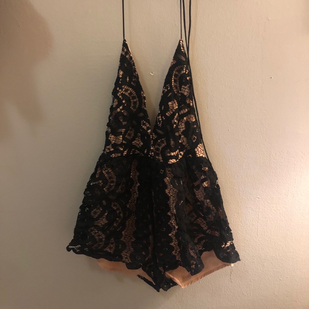 Deep v black lace romper